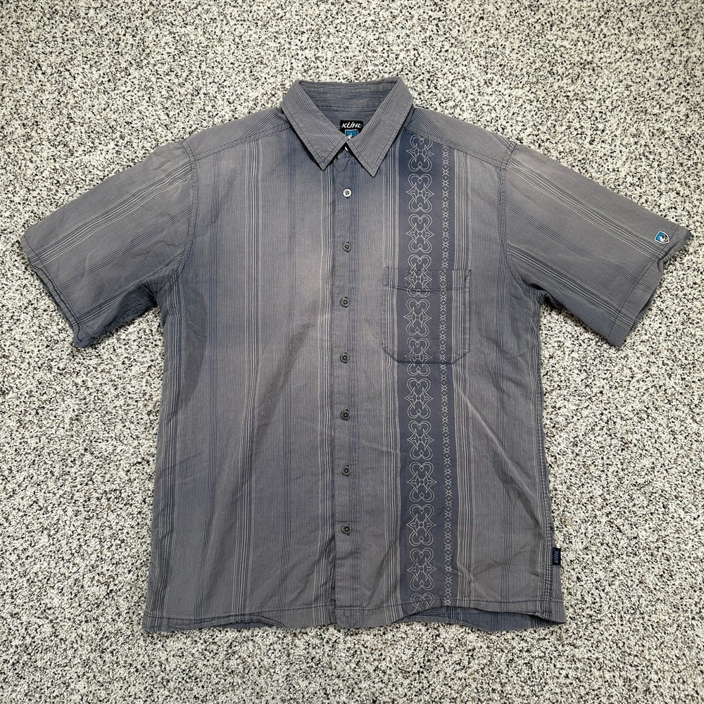 KUHL Button Up Shirt Mens L Gray Short Sleeve Metal Buttons Organic Cotton